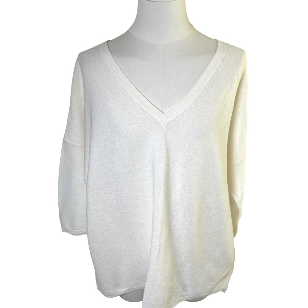 Relaxed Ivory V Neck Knit Sweater Banana Republic Oversized Drop Shoulder XL - Picture 2 of 10